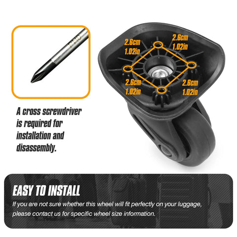 Side view of a 360 Degree Swivel Suitcase Wheels Replacement Caster For Luggage Travel Durable PVC Rubber Hybrid Construction with dimensions.