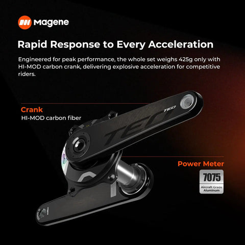 TEO P515 Cycling Power Meter Crankset For Road Bikes with HI-MOD carbon arms and aluminum spider shown from side angle