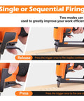 21 Gauge Pneumatic Upholstery Stapler With Continuous Firing Mode demonstration of single and sequential firing modes.