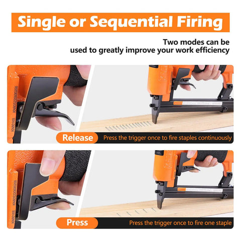 21 Gauge Pneumatic Upholstery Stapler With Continuous Firing Mode demonstration of single and sequential firing modes.