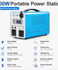 Heavy Duty LiFePO4 Portable Power Station 300W 500W Pure Sine Wave AC Output, blue design, compact for camping and emergency use.