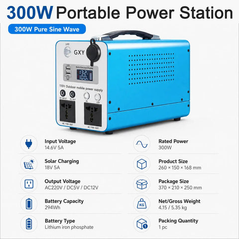 Heavy Duty LiFePO4 Portable Power Station 300W 500W Pure Sine Wave AC Output, blue design, compact for camping and emergency use.