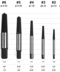 6 Piece Stripped Screw Extractor And Damaged Bolt Remover Set For DIYers displayed in size chart with measurements