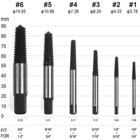 6 Piece Stripped Screw Extractor And Damaged Bolt Remover Set For DIYers displayed in size chart with measurements