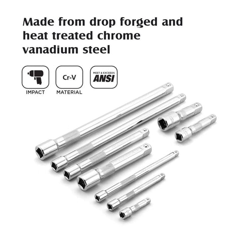 Beefy Duty 9 Piece Socket Extension Bar Set for Quarter Inch, Three Eighths and Half Inch Drives, CRV Steel With Mirror Finish