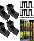 Heavy Duty Galvanized Steel Pergola Brackets Kit For 4 By 4 Inch Lumber L Shaped DIY Corner Brackets For Patios Gazebos Outdoor Pergolas 4 Pack Matte Black Finish Rust Resistant, shown with screws and drill bits, installed on wooden posts.