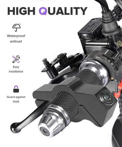 Close-up of Beefed Up Aluminum Alloy Motorcycle Lock For Handlebar Grips And Brake Levers, Anti Theft Security Device.