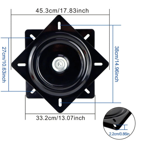 Top view of Beefy 13 Inch Lazy Susan Hardware Turntable Bearings With Zinc Plate Black Square Swivel showing measurements.