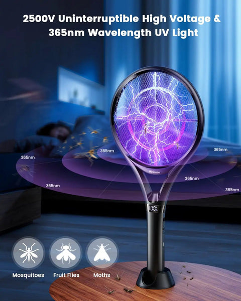 Electric Fly Swatter With LED Display And USB Rechargeable 2000mAh Battery, 2500V Bug Zapper Racket shown indoors on a table