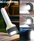 Rechargeable All In One 2 In 1 Flashlight Lantern With 360 Degree Camping Light And Emergency Strobe displayed on wood table