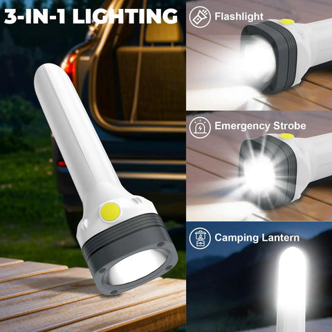 Rechargeable All In One 2 In 1 Flashlight Lantern With 360 Degree Camping Light And Emergency Strobe displayed on wood table