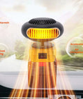 Hassle Free Portable Battery Space Heater Featuring Dual Usb Ports And 360 Degree Swivel, positioned on vehicle dashboard, providing warmth.