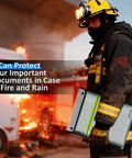 Firefighter holding Upgraded Fireproof Document Bag With Waterproof Zipper Mega 15x11 Inch Capacity For Passports Cash Legal Files And Valuables Flame-Resistant Edging Safe Storage For Home Or Car Kit against fiery background