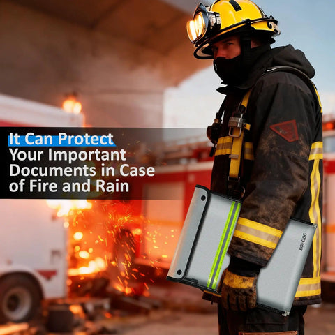 Firefighter holding Upgraded Fireproof Document Bag With Waterproof Zipper Mega 15x11 Inch Capacity For Passports Cash Legal Files And Valuables Flame-Resistant Edging Safe Storage For Home Or Car Kit against fiery background