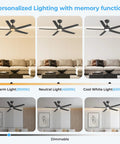52 Inch Black Ceiling Fan With Light And Remote Control 3CCT Quiet DC Motor 5 Blade Modern Farmhouse Style showing light settings