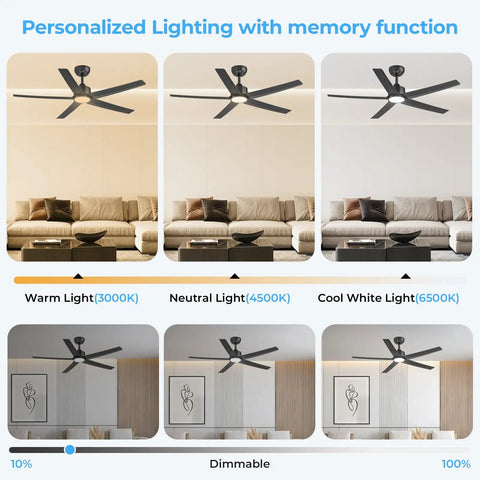 52 Inch Black Ceiling Fan With Light And Remote Control 3CCT Quiet DC Motor 5 Blade Modern Farmhouse Style showing light settings