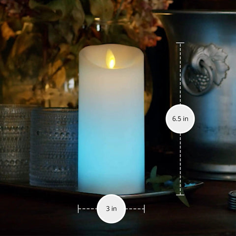 Flameless Color Changing LED Candle Pillar 3 By 6.5 Inches With Real Wax Moving Flame, Battery Operated, on decorative tray