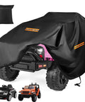 Universal Waterproof Ride On Car Cover Large 420D Heavy Duty Toy Car Cover For Power Wheels Jeep And Toddler Electric Vehicles All Season Protection With 3 Reflective Strips covering a toy jeep.