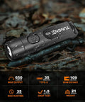 Rechargeable Keychain Flashlight 650 Lumens EDC Pocket Light on forest ground with water droplets, fast USB C charging