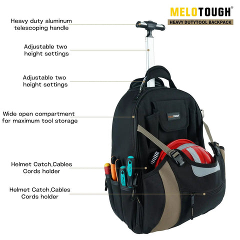 Rugged Rolling Tool Backpack With Wheels 26 Pocket Organizer For Electricians Carpenters HVAC And Welders Built To Last In Durable 600D Polyester Worksite Ready On The Go, showing open compartments with tools and telescopic handle