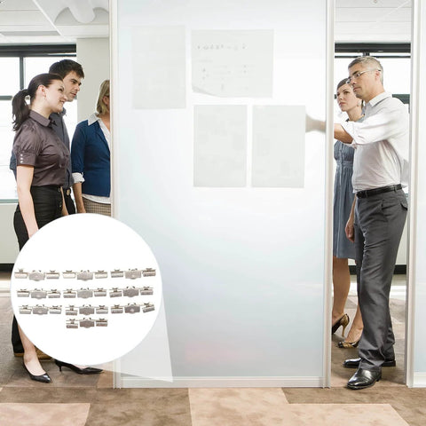 Business meeting in an office with a blurred glass door, showing 10 Pack Stainless Steel Sliding Door Wheels And Pulleys For Cabinets And Glass Doors Slick Multi Purpose Furniture Roller Kit For Smooth Opening Easy Close And Quiet Operation.