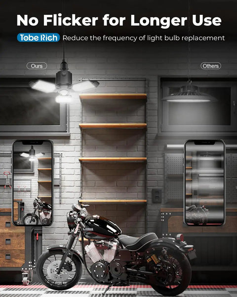 Beast Mode 8000LM Motion Sensor Garage Light With 360 Degree Detection And 3 Switch Modes 6500K Cool White LED Indoor Light Bulb lit garage setup with motorcycle.