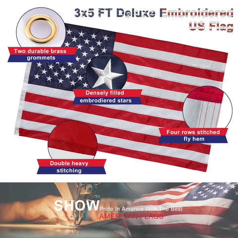3x5 embroidered US flag with brass grommets, dense stars, and reinforced stitching showing features of Flag Pole Kit For Home Exterior With 3x5 Embroidered US Flag, 5ft Tangle Free Metal Pole, Heavy Duty Outdoor Porch Mount, No Fuss Install, Aluminum Bracket, Boost Your Curb Appeal With Flag, Ready To Fly.