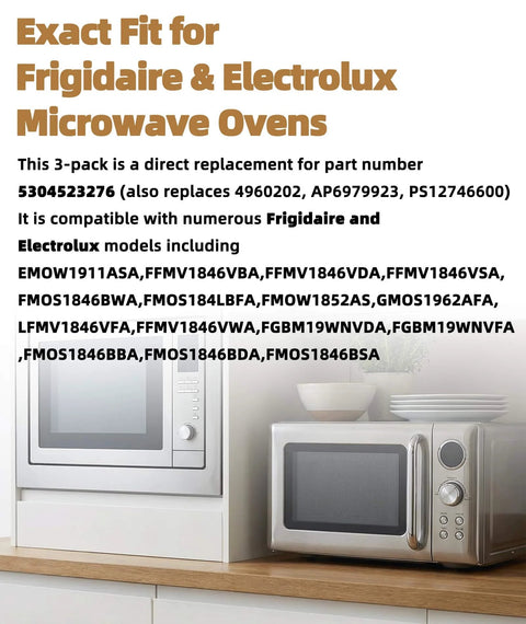 Text listing microwaves compatible with Three Pack Microwave Waveguide Cover Insulation Mica Sheet Replacement 5304523276.