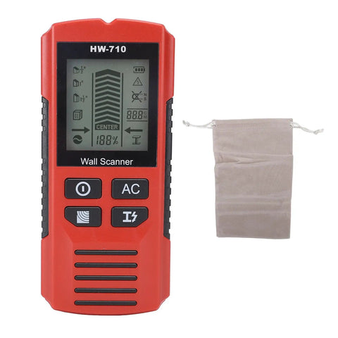 7 in 1 Wall Scanner Stud Finder, Metal Wood AC Wire Detector with display and pouch, used for locating studs and wires.