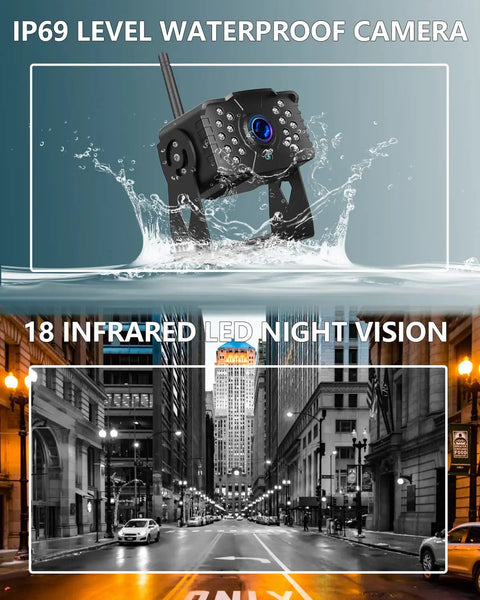 Wireless 1080P RV Backup Camera System With Dual Antennas, IP69K waterproof, with infrared night vision on city street