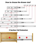 Diagram showing sizes for 10 Inch Drawer Slides Ball Bearing Full Extension Cabinet Slides 150 Lb Capacity with 3 fold rails.