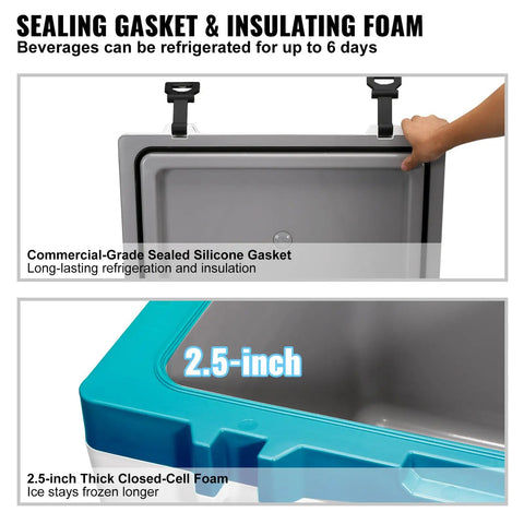 Commercial-grade silicone gasket and 2.5-inch closed-cell foam in Ultra Light Hard Cooler 52 Qt With Heavy Duty Handle Keeps Ice For Up To Six Days Ideal Ice Chest For Camping Road Trips And Outdoor Adventures 30 Percent Lighter Than Rotomolded Coolers