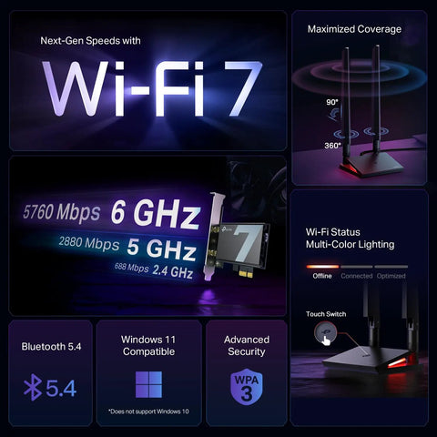 WiFi 7 PCIe Card For Desktop PC With Bluetooth 5.4, Beast Mode Tri Band Wireless Adapter, 6 GHz Ready, Multicolor LED display