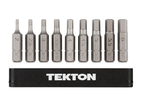 Tamperproof Quarter Inch Hex Bit Set With Rail 9 Piece Security Allen Bits Extra Long 30 mm Length For Recessed Fasteners Includes 2, 2.5, 3, 3.5, 4, 4.5, 5.5, 6 mm Corrosion Resistant For Home And Shop displayed with rail holder