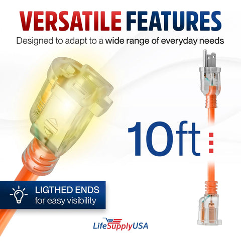 Built Different Heavy Duty Orange Extension Cord 10 Foot Indoor Outdoor Waterproof Power Plug Three Prong Cold Resistant Flexible Cable Workhorse For Yard Or Job Site with lighted ends