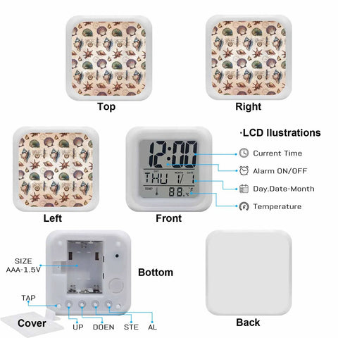 Top Notch Silent Digital Alarm Clock With Cool Starfish Shell Shape And Gentle Nightlight For Bedrooms Or Work Desks shows LCD time and date.