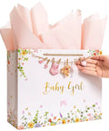 Roomy 13 Inch Baby Shower Gift Bag With Pink Tissue Paper Gift Card And Bow Featuring A Babysuit Banner Ready To Gift For Girl