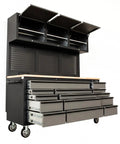 Top Tier 72 Inch Rolling Tool Chest 79 Inches Tall Features 14 Smooth Drawers 3 Cabinets Pegboard Back for garage storage.