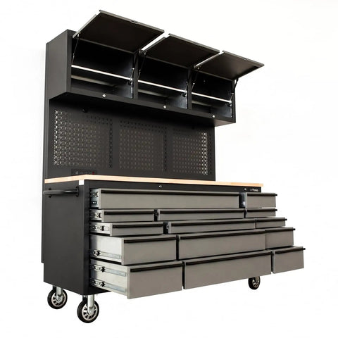 Top Tier 72 Inch Rolling Tool Chest 79 Inches Tall Features 14 Smooth Drawers 3 Cabinets Pegboard Back for garage storage.