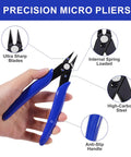 Hand holding precision micro pliers with blue anti-slip handle, ultra sharp blades, internal spring, two pack wire cutters set 5 inch micro cutter and 6 inch heavy duty diagonal cutter spring loaded flush cutting pliers for crafting electronics 3D printing jewelry making model sprue zip ties carbon steel.