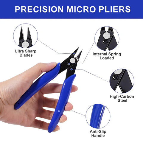 Hand holding precision micro pliers with blue anti-slip handle, ultra sharp blades, internal spring, two pack wire cutters set 5 inch micro cutter and 6 inch heavy duty diagonal cutter spring loaded flush cutting pliers for crafting electronics 3D printing jewelry making model sprue zip ties carbon steel.