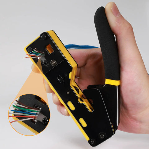 Pass Through RJ45 Crimp Tool Kit For Cat5e Cat6 Ethernet Plugs Pro Grade No Fuss All In One Crimping Tool in hand close-up