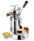 Esperto Abile 16 Cup Lever Espresso Machine With Chrome Finish And Rosewood Handles For Home Barista Vibes shown with coffee
