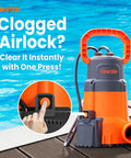 Go-To 1/3 HP Submersible Utility Pump With Auto Water Sensor and 2790 GPH High Flow, Portable Sump Drain for Flooded Basements, Yards, Hot Tubs, Ponds and Garden Draining, Dual Auto and Manual Modes, orange and gray pump with push button
