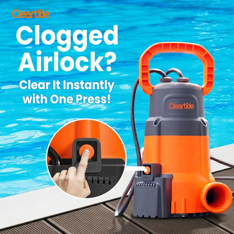 Go-To 1/3 HP Submersible Utility Pump With Auto Water Sensor and 2790 GPH High Flow, Portable Sump Drain for Flooded Basements, Yards, Hot Tubs, Ponds and Garden Draining, Dual Auto and Manual Modes, orange and gray pump with push button