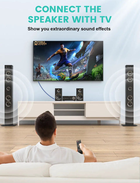 Man connecting Real Deal Digital Optical Audio Cable With Toslink SPDIF Fiber Core Male To Male Ends For Soundbars Home Theaters And Gaming Stations.