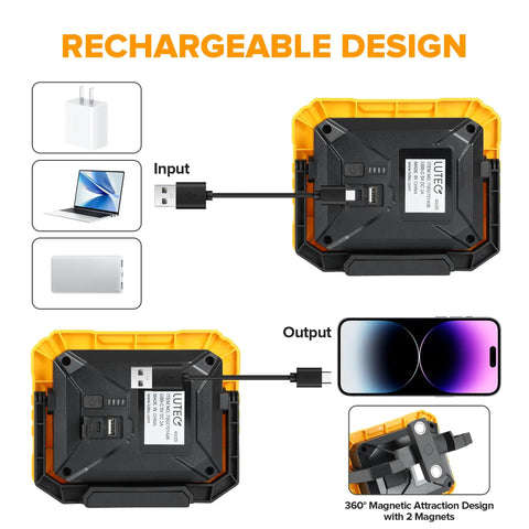 3500 Lumen Rechargeable Magnetic Work Light With Stand showing charging ports and connectivity options