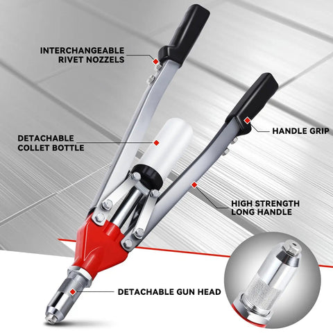 21 Inch Hand Rivet Nut Tool Set With 5 Guide Nozzles, chrome plated stainless steel riveter kit showing interchangeable nozzles