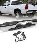 BRYGHT chrome rear step bumper assembly for 1999–2006 Chevy Silverado/Sierra; installed on white pickup