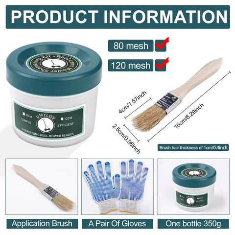 2 Pack Reel Lawn Mower Sharpening Kit With 80 Grit And 120 Grit For DIY Backlapping And Maintenance Includes 350 Grams Backlapping Compound For Budget Friendly Sharpening And Smoother Cut, bottle with brush and gloves